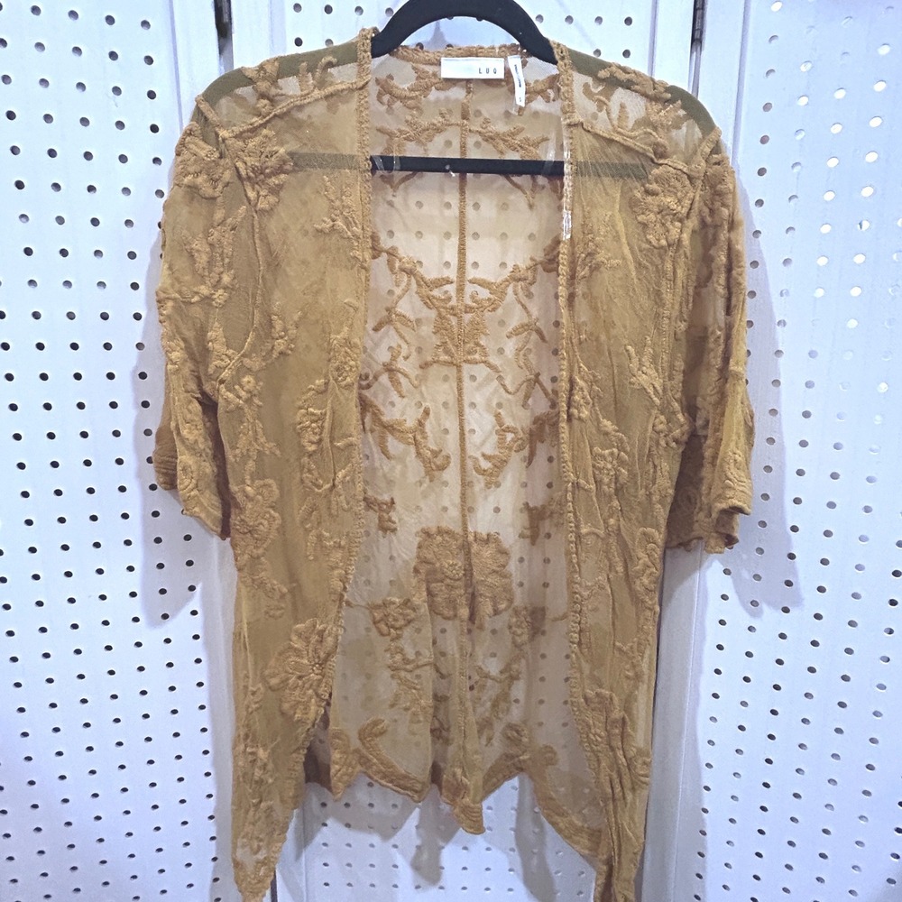 LUQ Women's Mustard Yellow Lace Kimono Cardigan Short Sleeve Open Front
